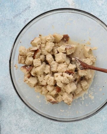 combined french toast mixture in a large glass bowl.