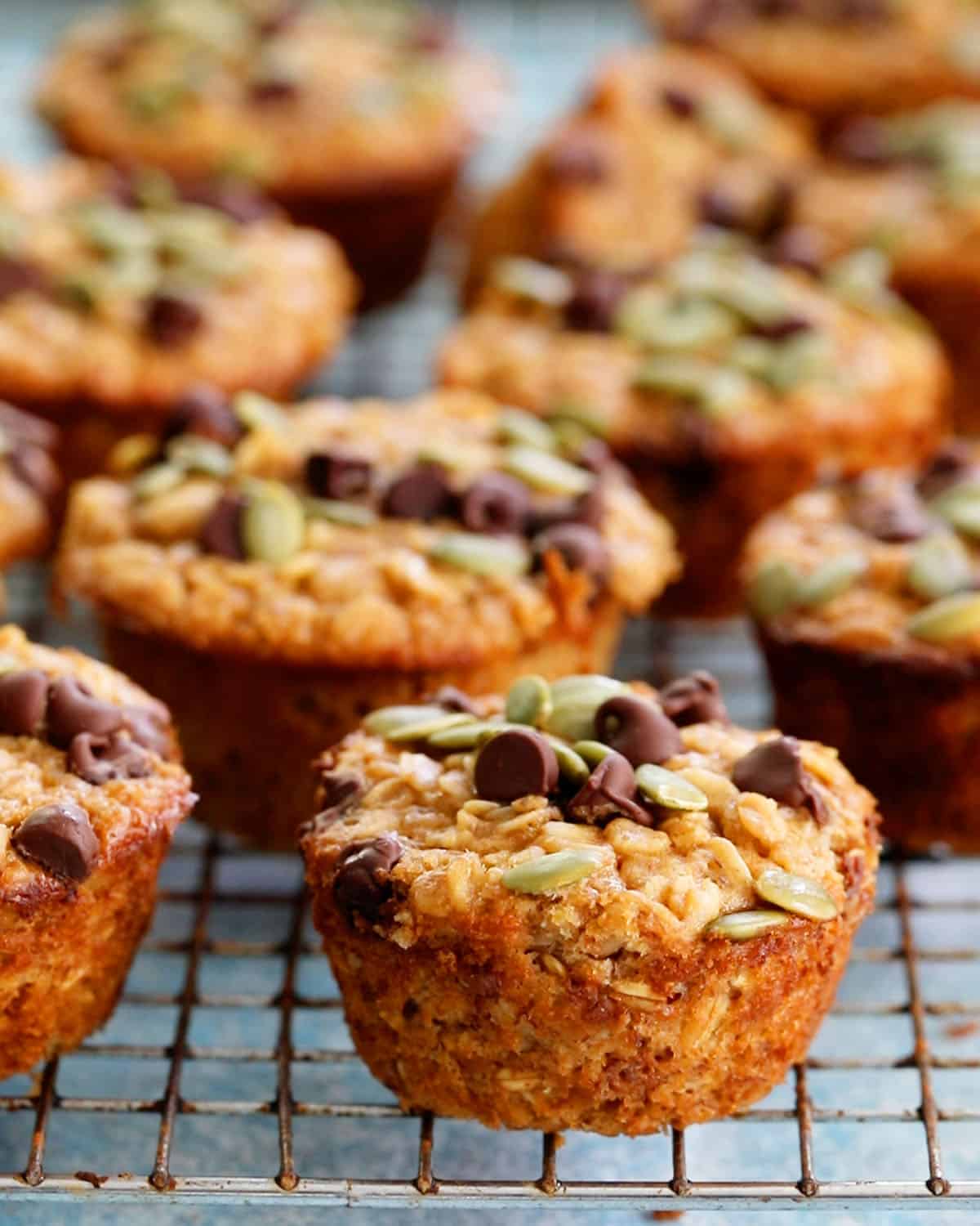 baked oatmeal cups on a wire rack.