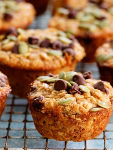 baked oatmeal cups on a wire rack.