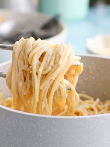 white alfredo pasta in a grey pot.