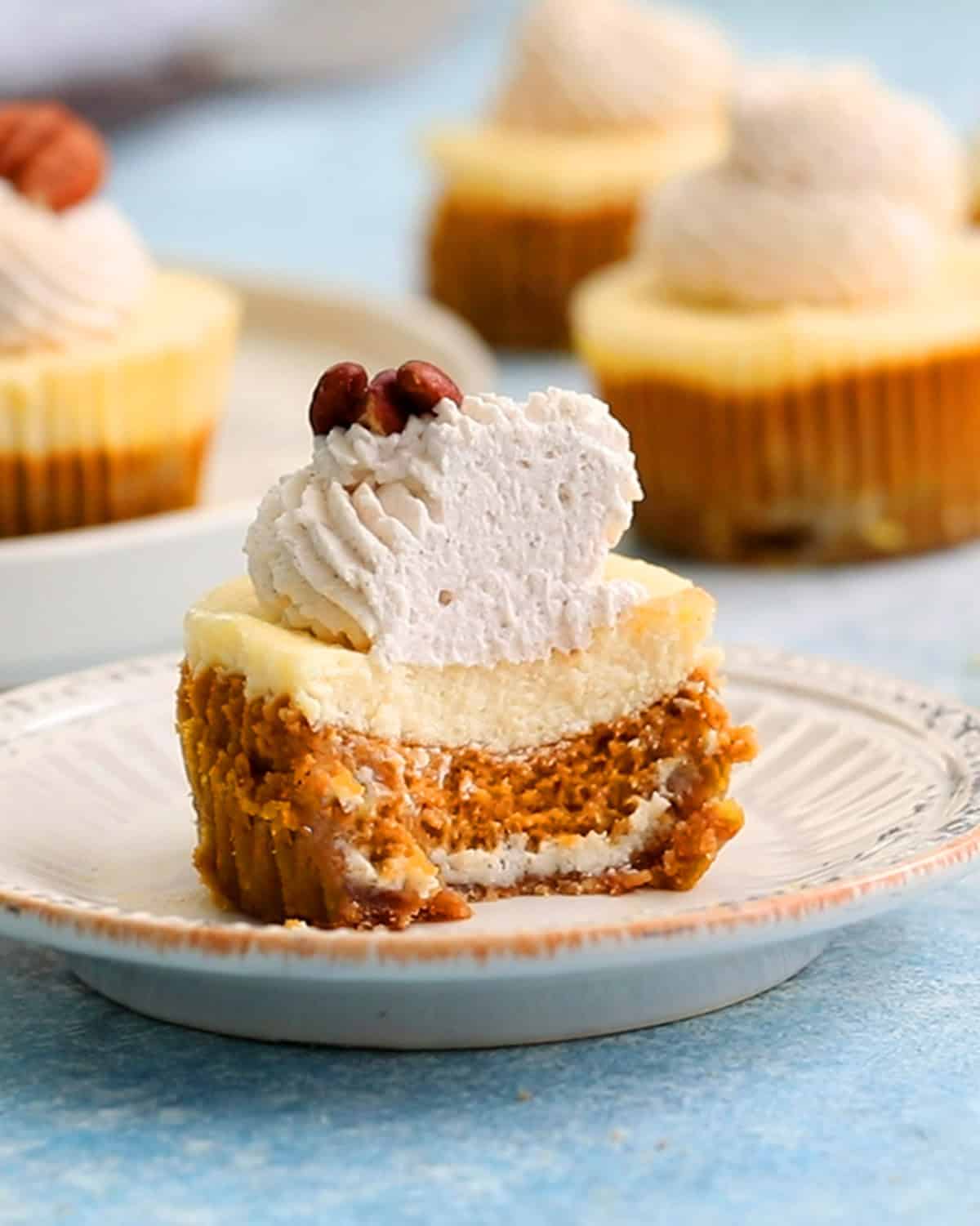 one cut pumpkin cheesecake placed on a small white plate.