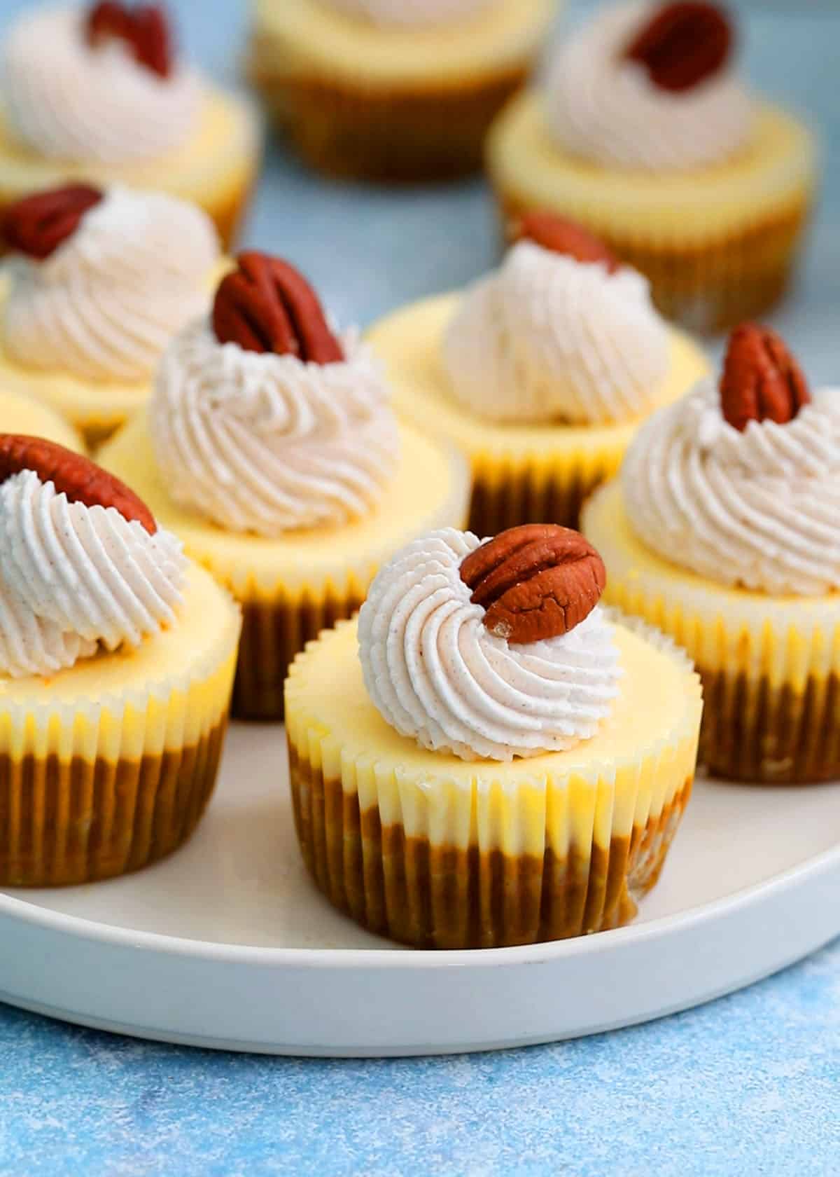7 mini pumpkin cheesecakes placed on a white plate.