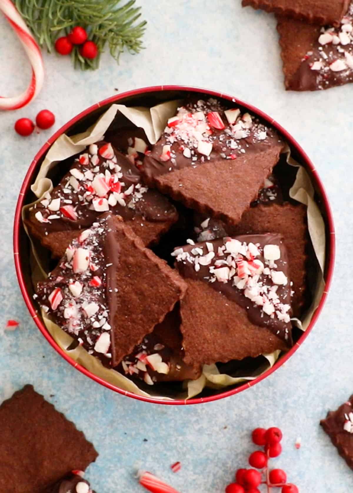 brown chocolate sugar cookies in a red cookie tin.