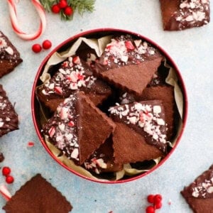 brown chocolate sugar cookies in a red cookie tin.