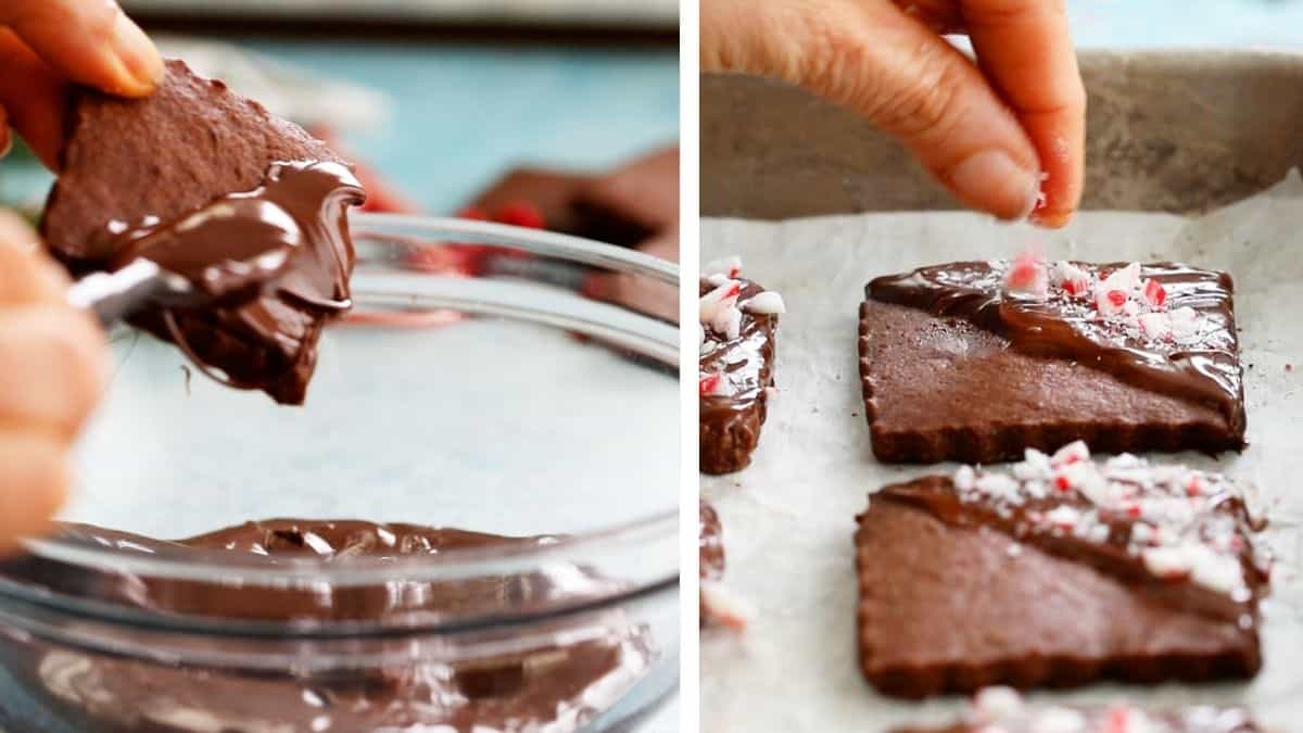 two photo collage of a hand decorating brown chocolate sugar cookies.