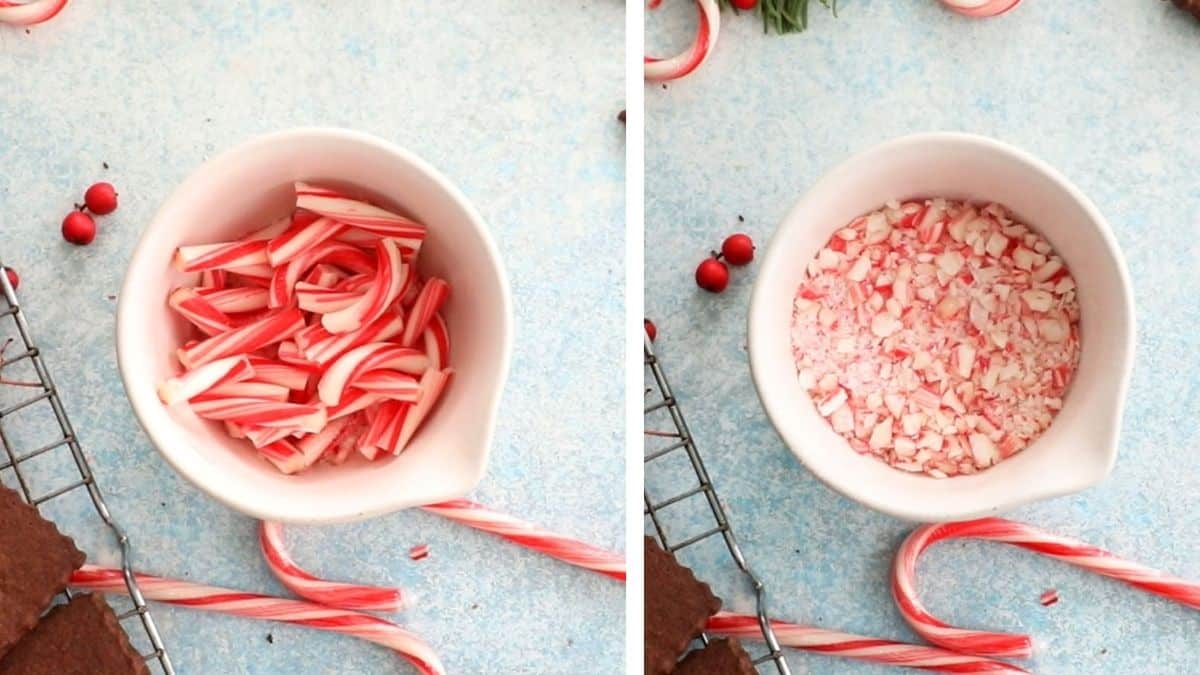 crushed red candy canes in a white bowl.