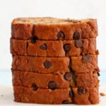 5 slices of banana chocolate chip bread stacked on top of each other.
