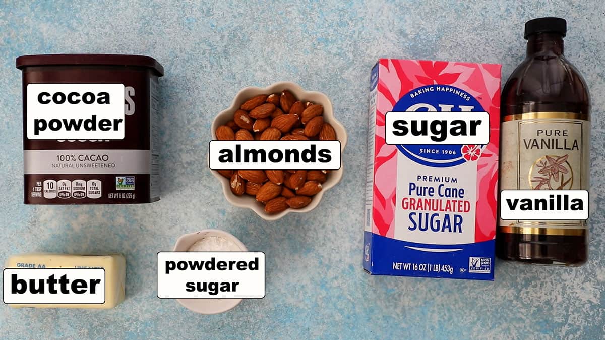 ingredients needed to make cocoa almonds. 