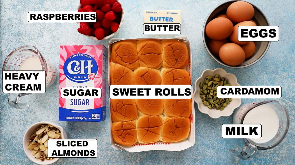 ingredients needed to make raspberry french toast casserole.