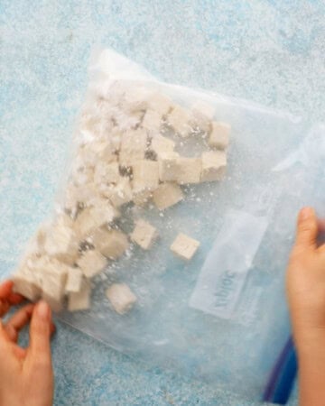two hands holding a zipper bag with tofu.