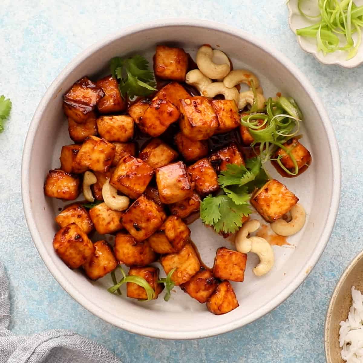air fried firecracker tofu in a white bowl.
