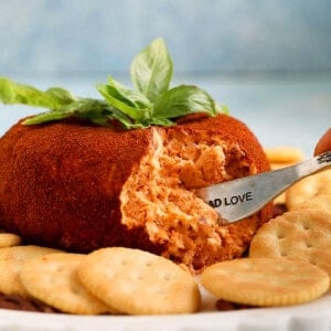 one tomato shaped cheese ball on a white platter.