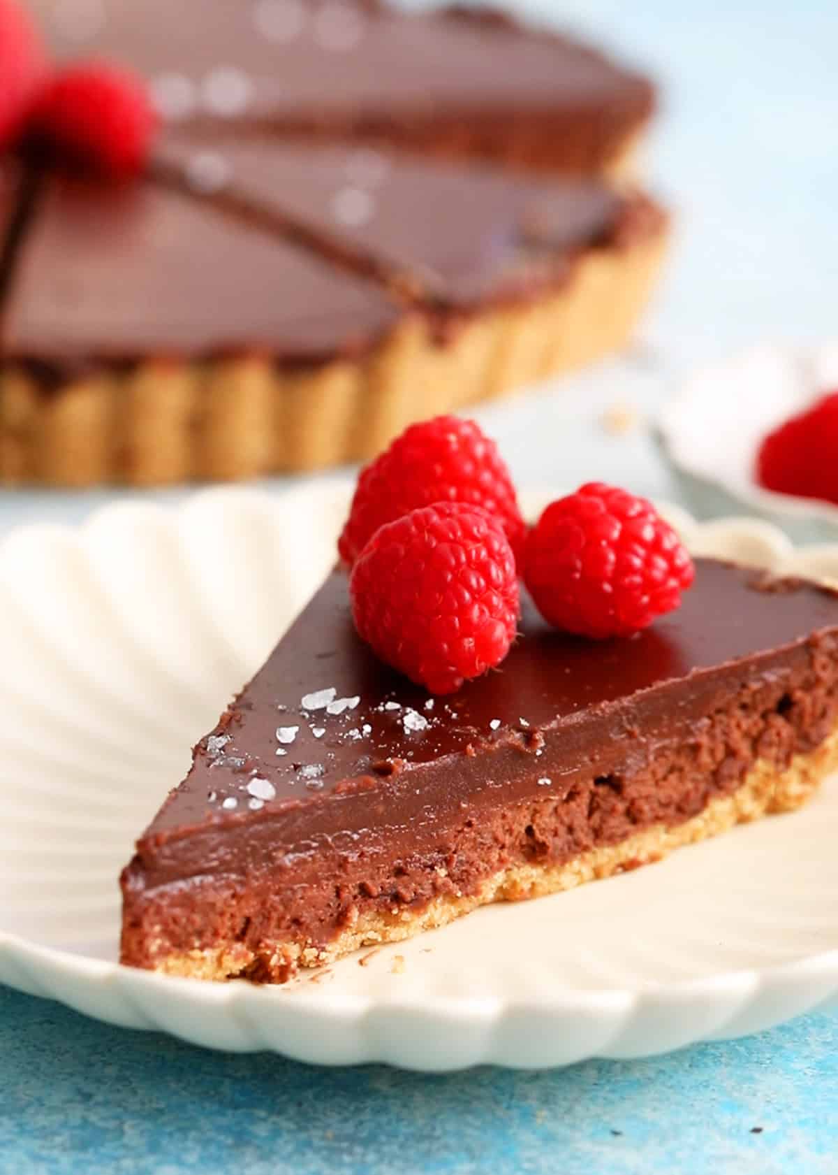 a slice of chocolate tart in a white plate.
