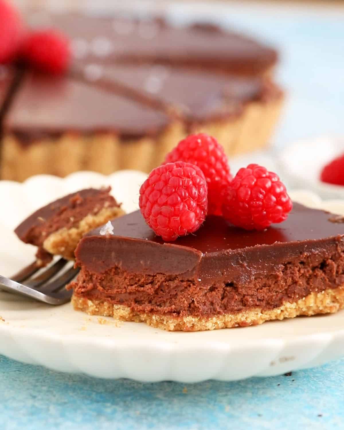 one slice of chocolate tart in a white plate.