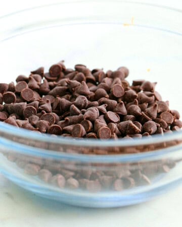 brown chocolate chips on a glass bowl.