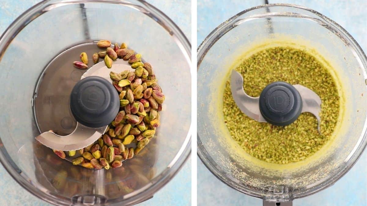 green pistachios in a food processor.