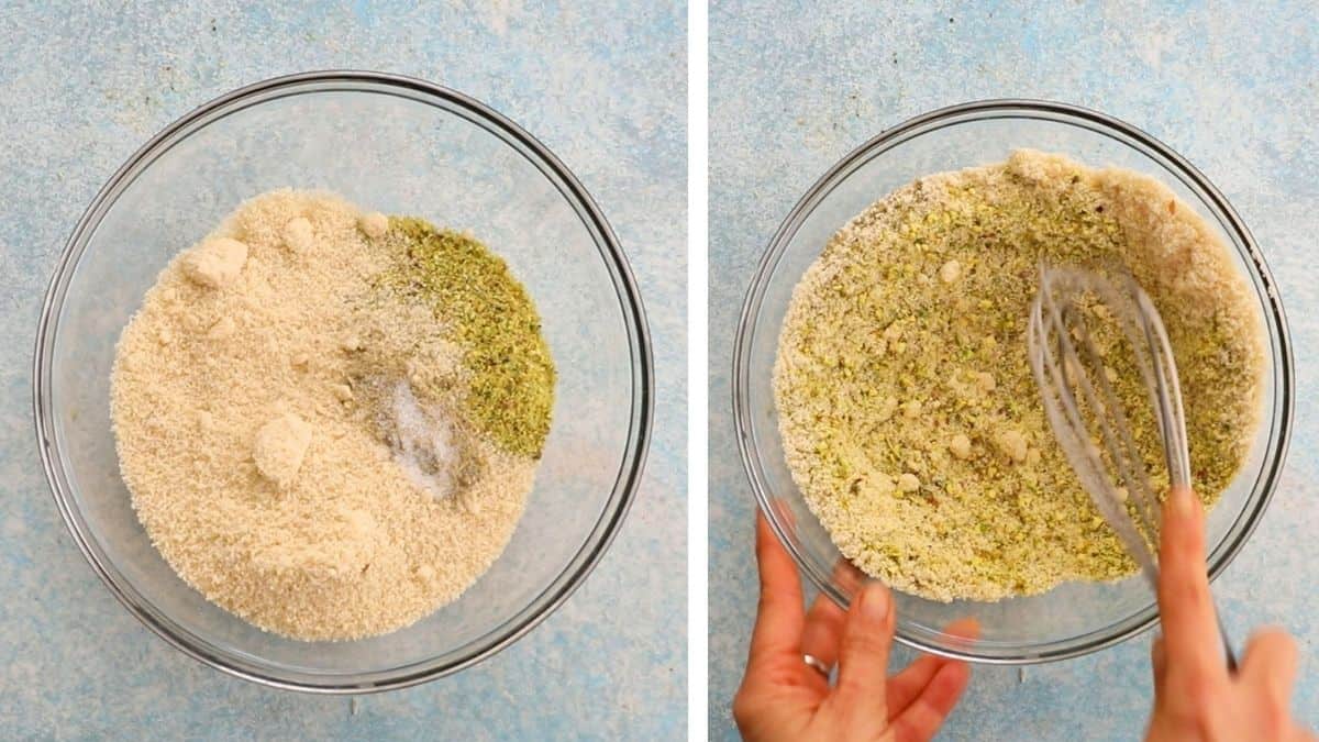 almond flour and ground pistachios in a glass bowl.