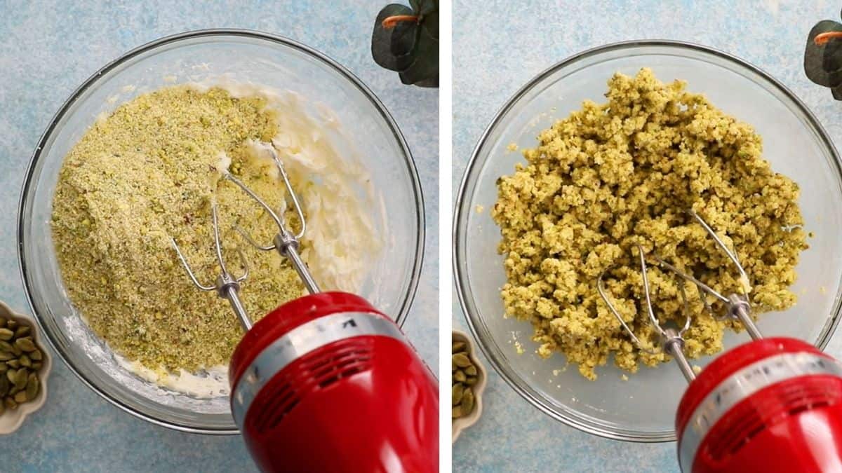 almond flour pistachio snowball cookie dough in a glass bowl.