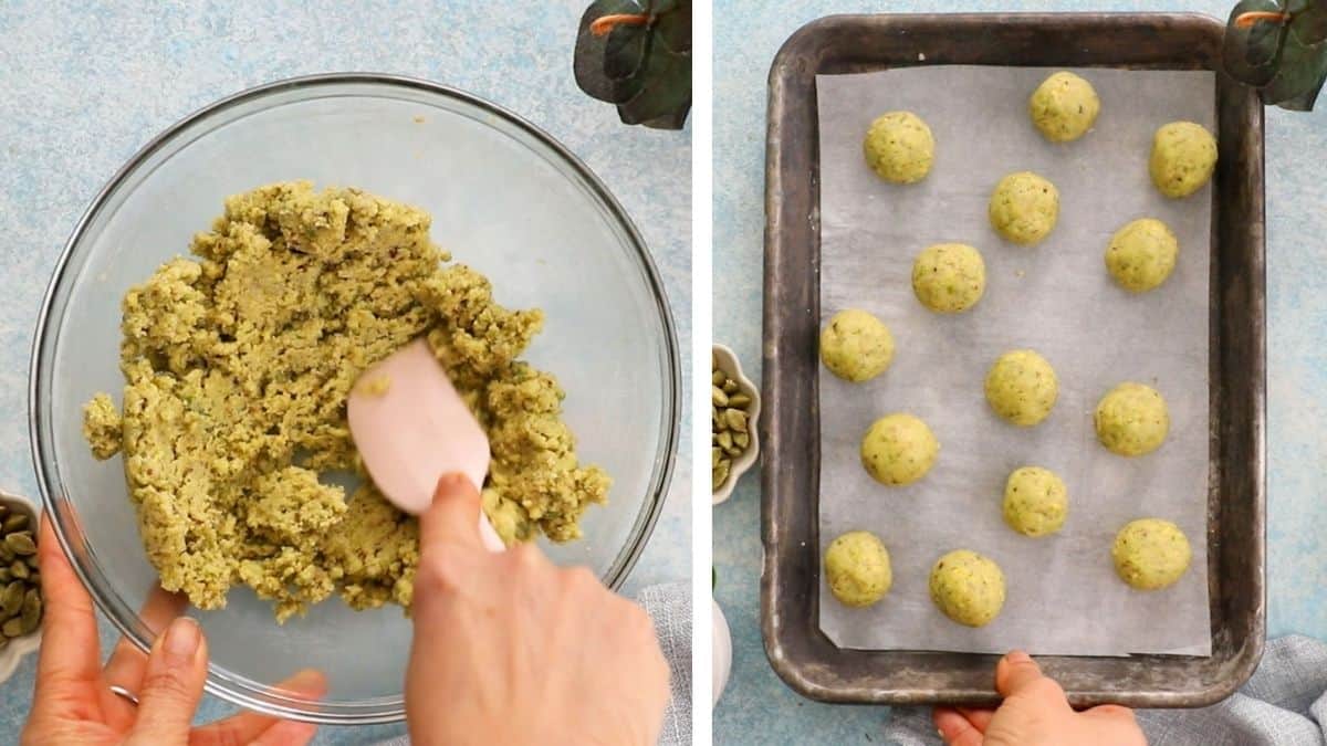 almond flour pistachio cookie dough balls in a metal sheet pan.