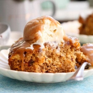 one slice of date pudding topped with white ice cream in a white plate.