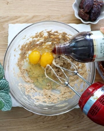 date cake pudding batter in a glass bowl.
