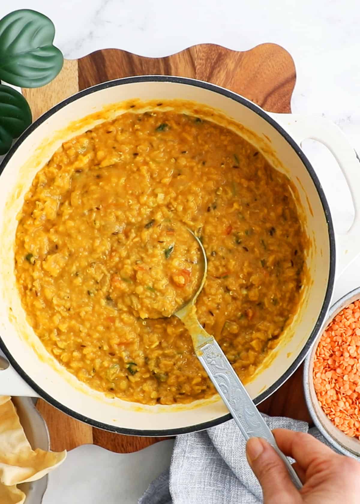 red lentil dal curry in a white pot.