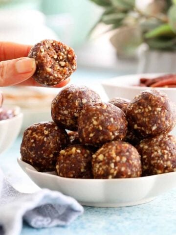 a hand holding one brown pecan date ball.