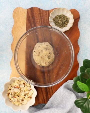 almond flour cracker dough in a glass bowl.
