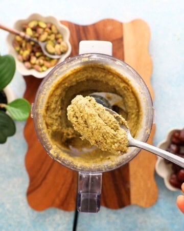 green pistachio cream in a food processor.
