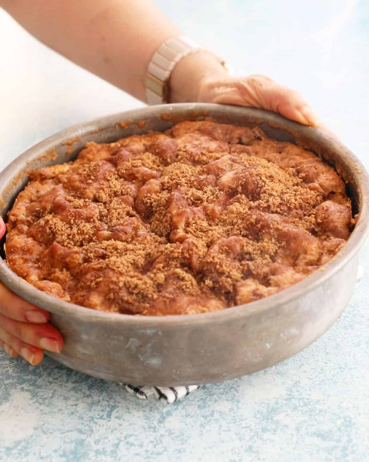 two hands holding one round cake pan with a brown apple cake.
