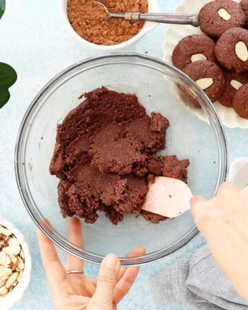 almond flour chocolate cookie dough in a glass bowl.